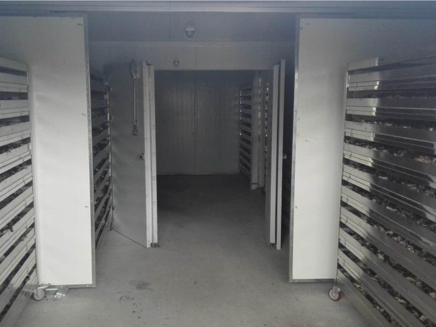 real stainless tray food dryer room with trolley racks
